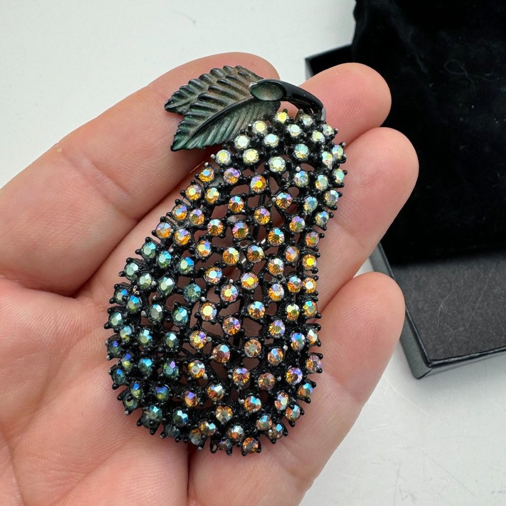 Signed Kramer Iridescent Rainbow Rhinestone Pear Shaped Brooch